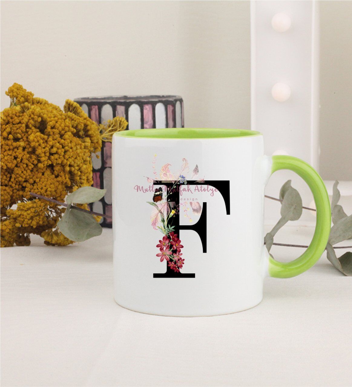 F Harfi Çiçek Desenli Yeşil Kupa Bardak