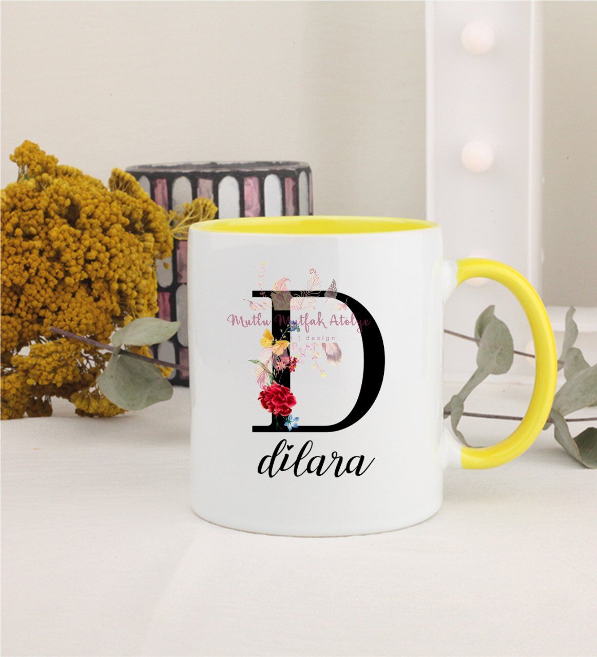 Kişiye Özel Harfli ve İsimli Sarı Kupa Bardak