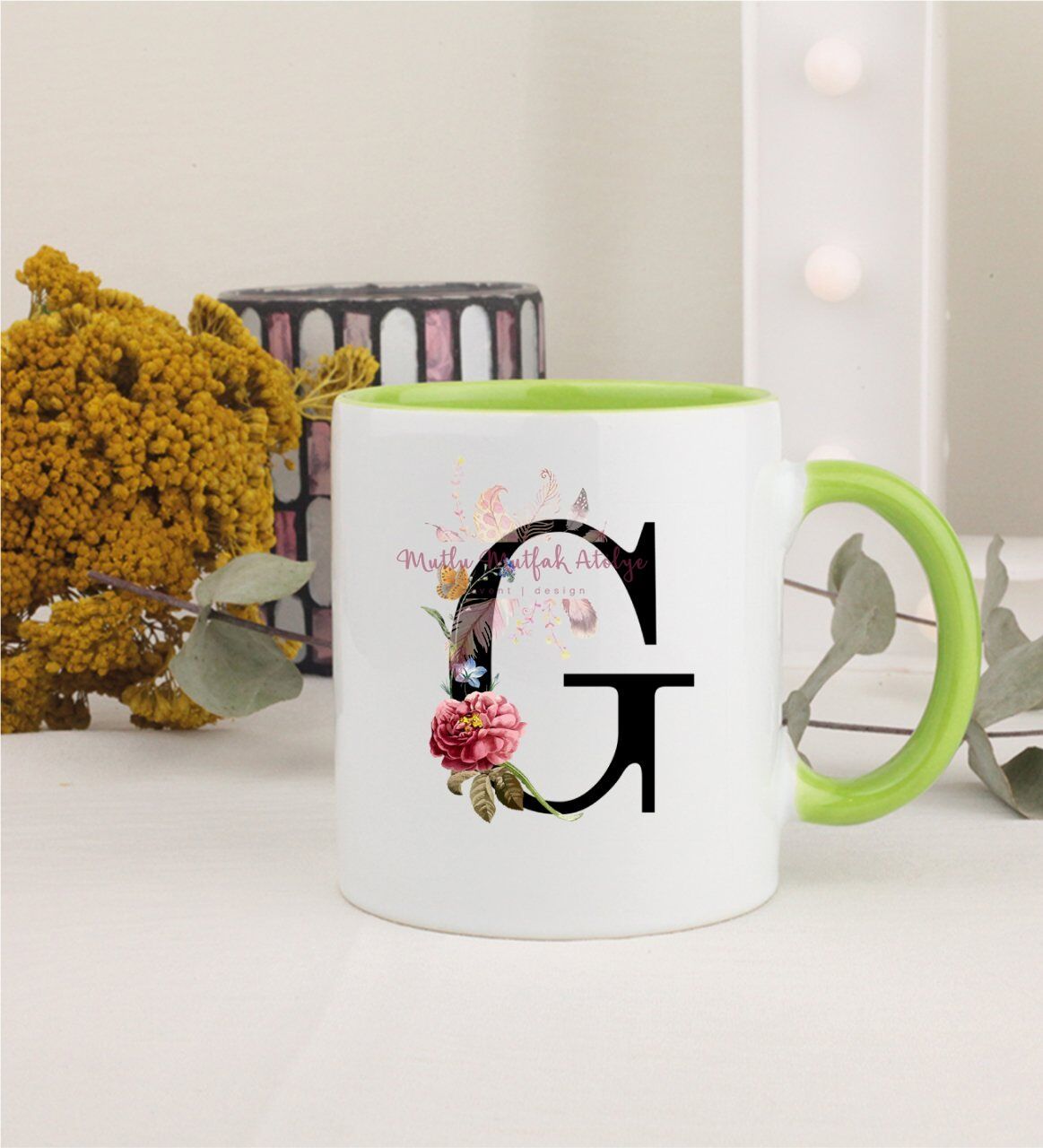 F Harfi Çiçek Desenli Yeşil Kupa Bardak