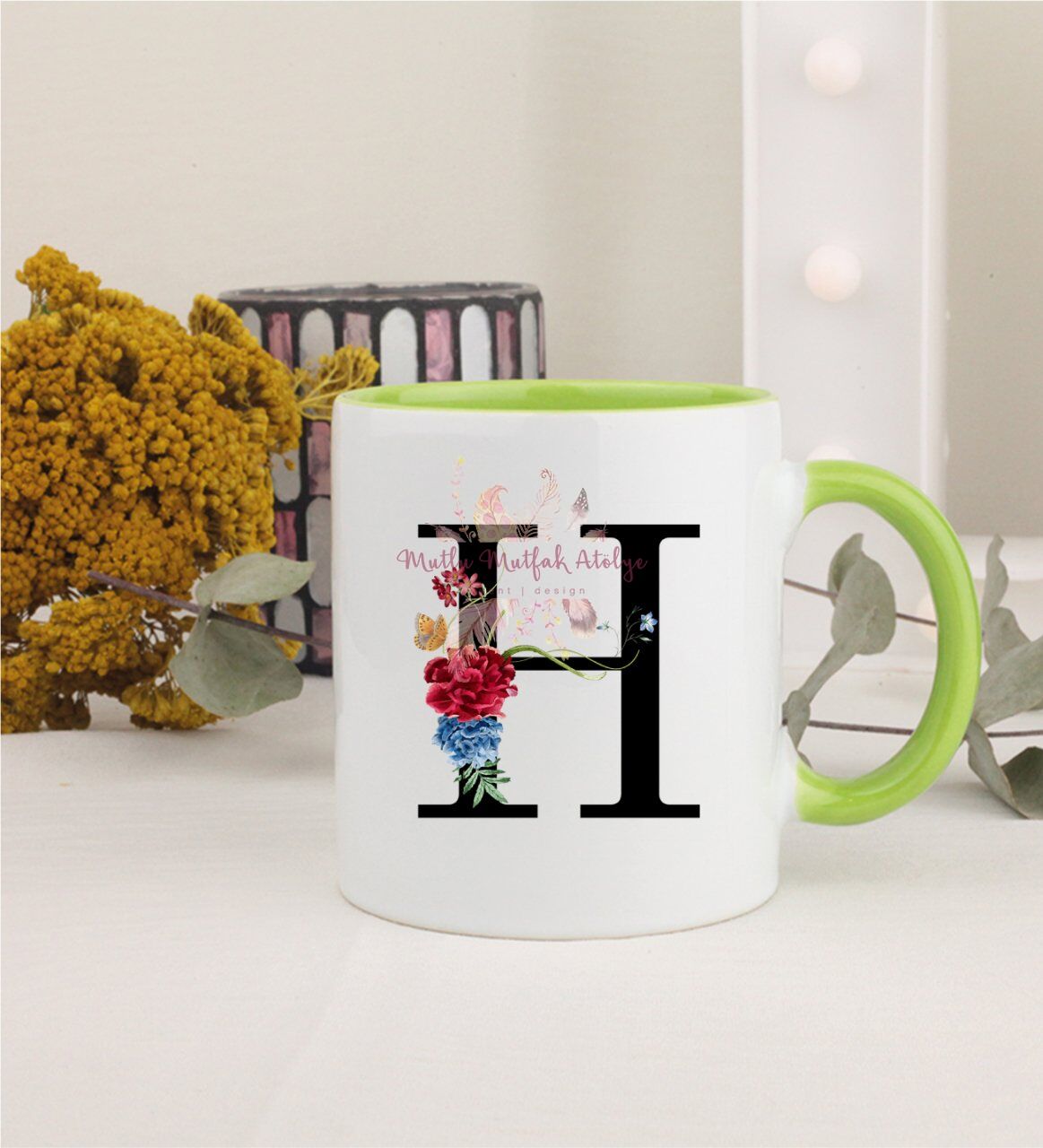 H Harfi Çiçek Desenli Yeşil Kupa Bardak