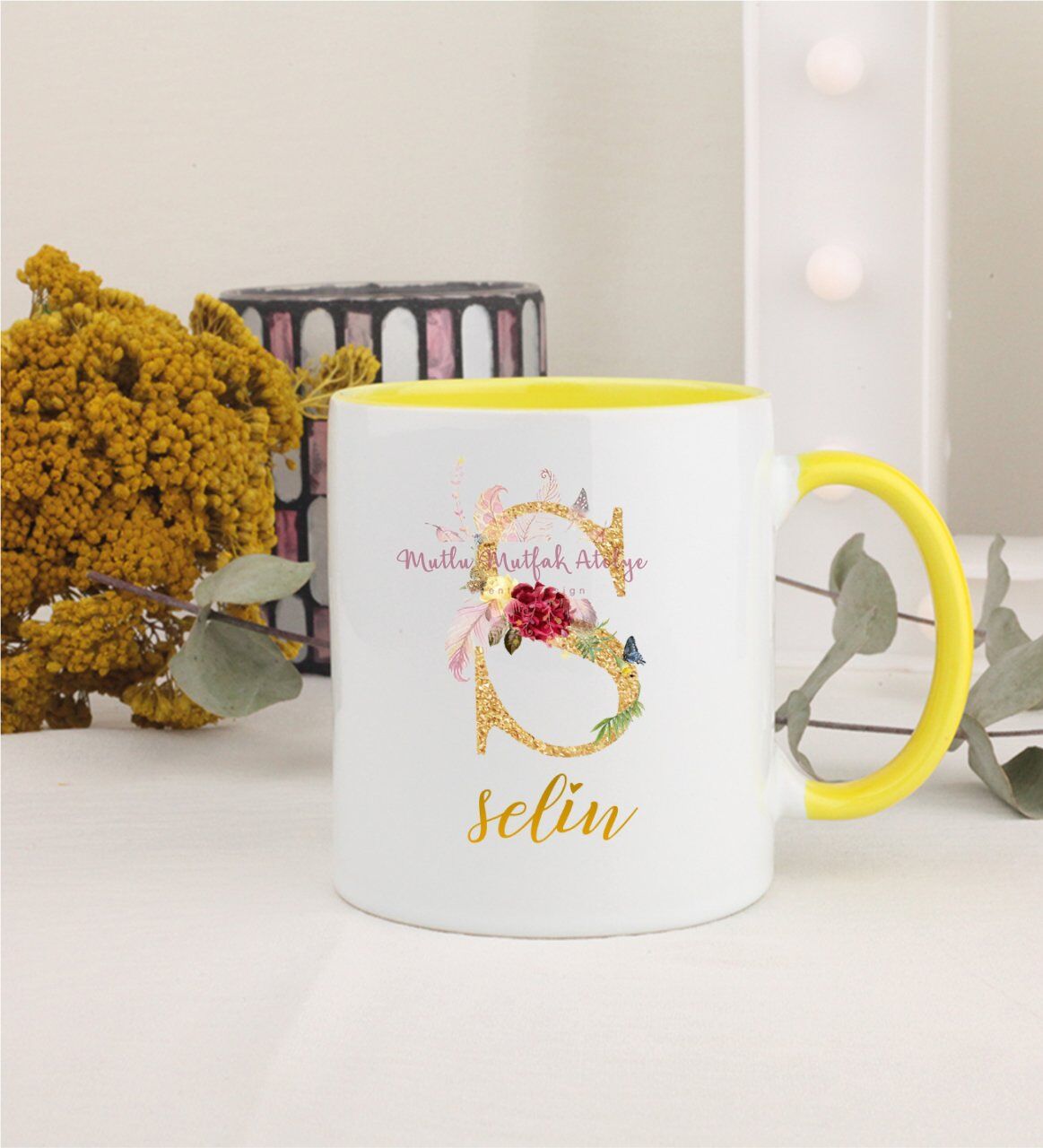 Kişiye Özel Gold Harfli ve İsimli Sarı Kupa Bardak