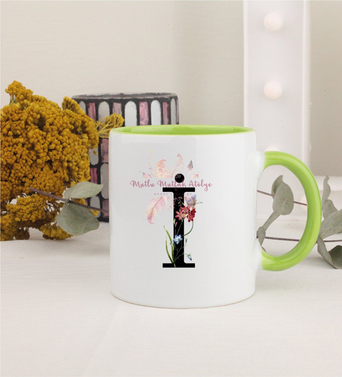 İ Harfi Çiçek Desenli Yeşil Kupa Bardak