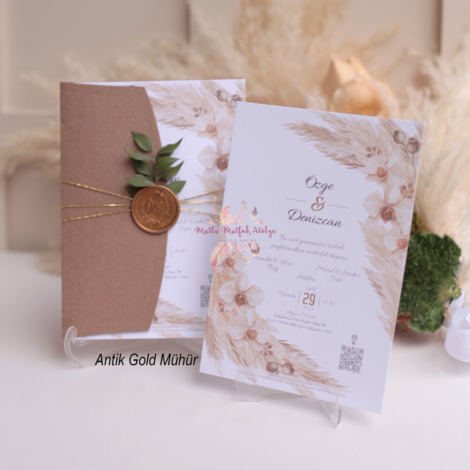 Yeşil Çiçek Süslemeli Mühürlü Davetiye (50 Ad.)