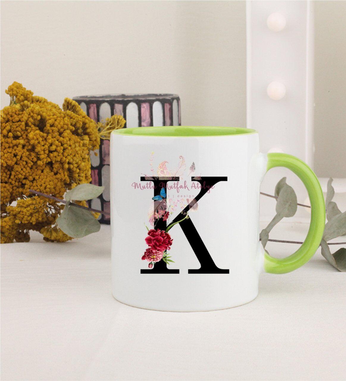 K Harfi Çiçek Desenli Yeşil Kupa Bardak