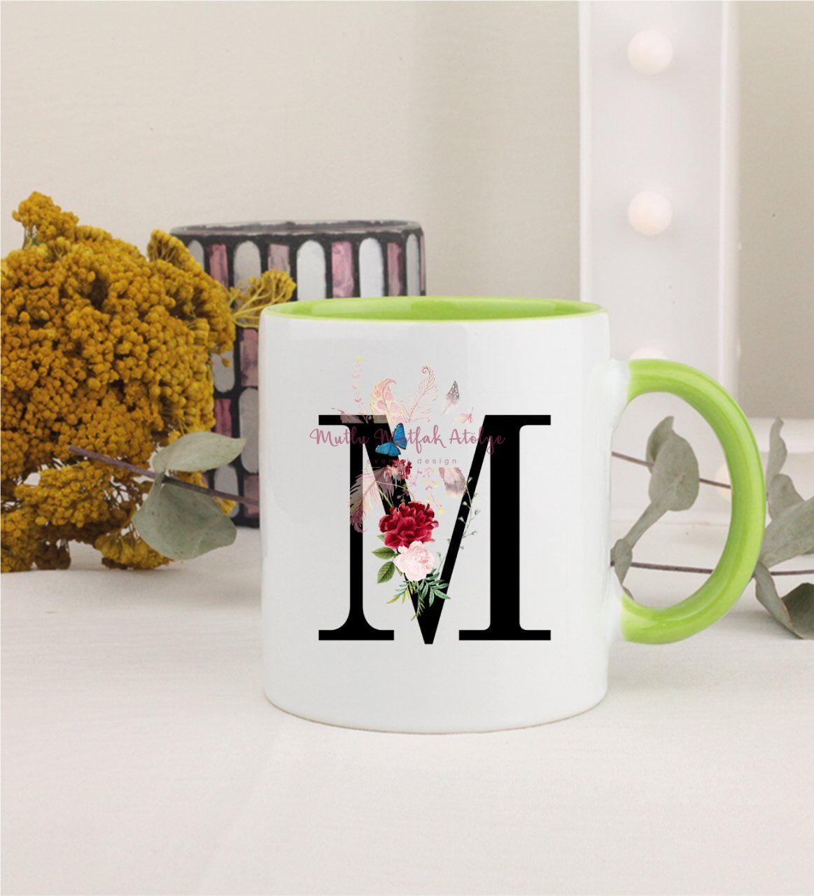 M Harfi Çiçek Desenli Yeşil Kupa Bardak