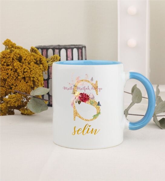 Kişiye Özel Gold Harfli ve İsimli Mavi Kupa Bardak