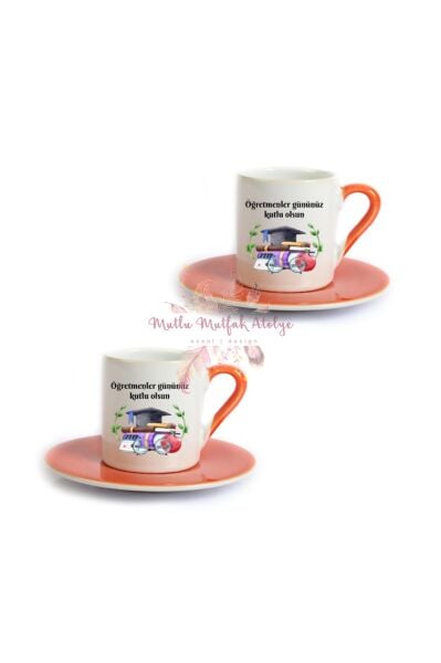 Öğretmenler Günü Hediyesi İkili Turuncu Türk Kahvesi Fincanı