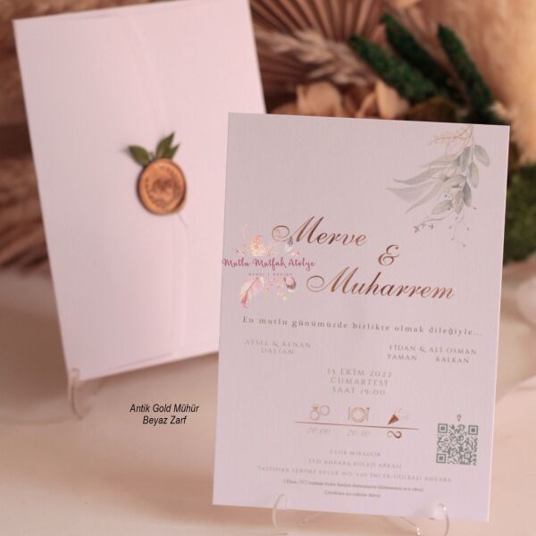 Yeşil Çiçek  Süslemeli Mühürlü Davetiye (50 Ad.)