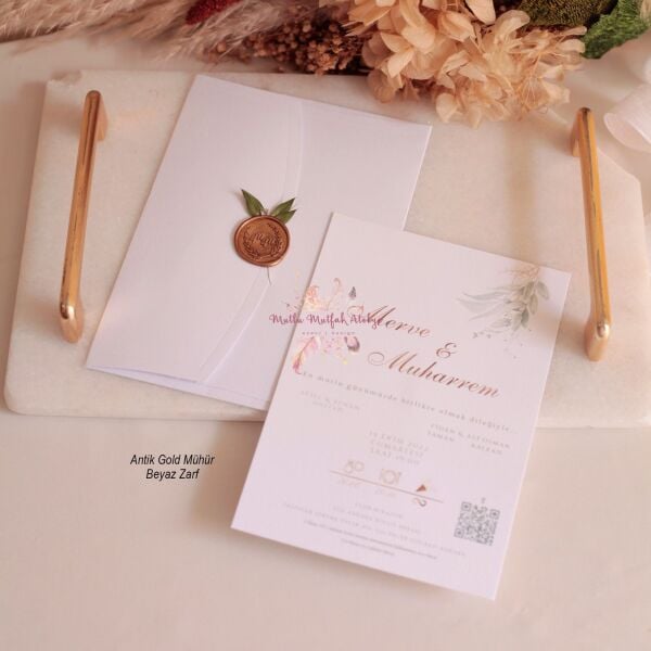 Yeşil Çiçek  Süslemeli Mühürlü Davetiye (50 Ad.)