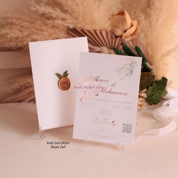 Yeşil Çiçek  Süslemeli Mühürlü Davetiye (50 Ad.)