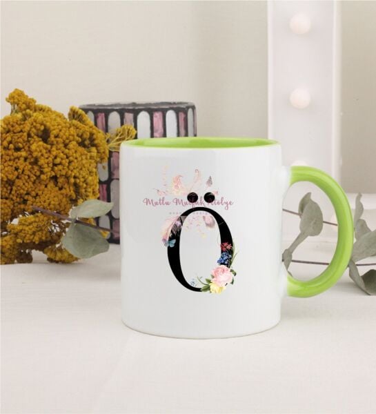 Ö Harfi Çiçek Desenli Yeşil Kupa Bardak