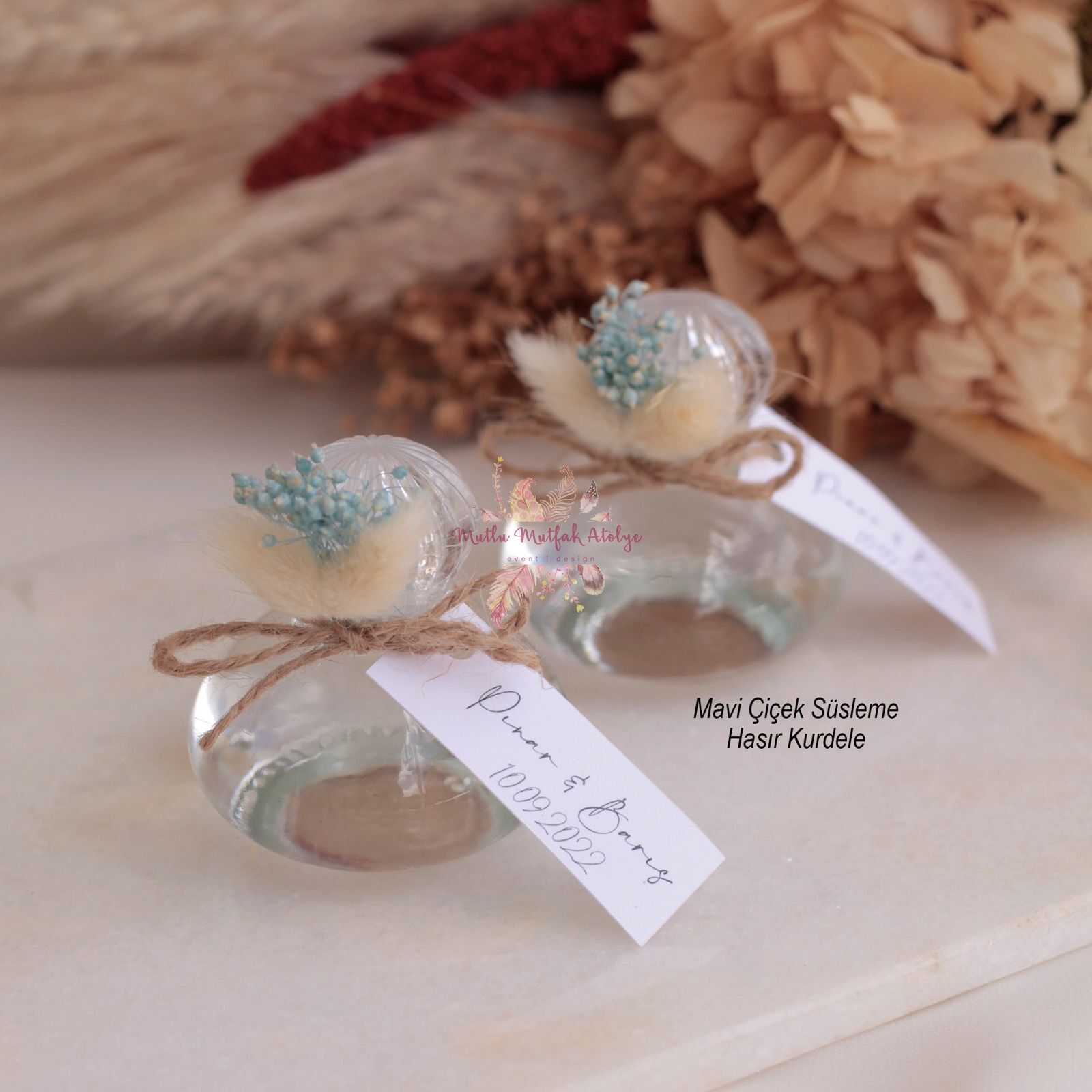 Yuvarlak Cam Şişe Çiçek Süslemeli Hediyelik Kolonya