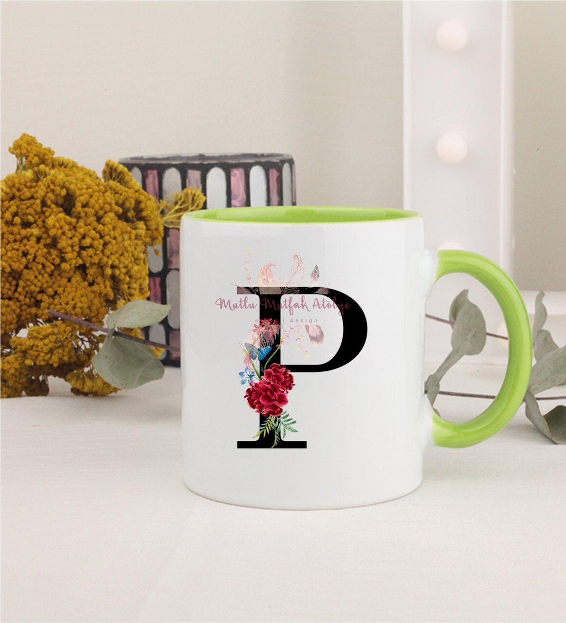 P Harfi Çiçek Desenli Yeşil Kupa Bardak