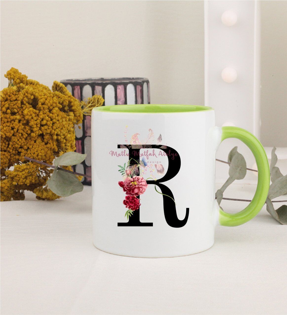 R Harfi Çiçek Desenli Yeşil Kupa Bardak