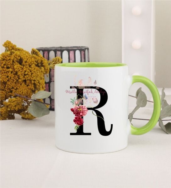 R Harfi Çiçek Desenli Yeşil Kupa Bardak