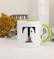 T Harfi Çiçek Desenli Yeşil Kupa Bardak