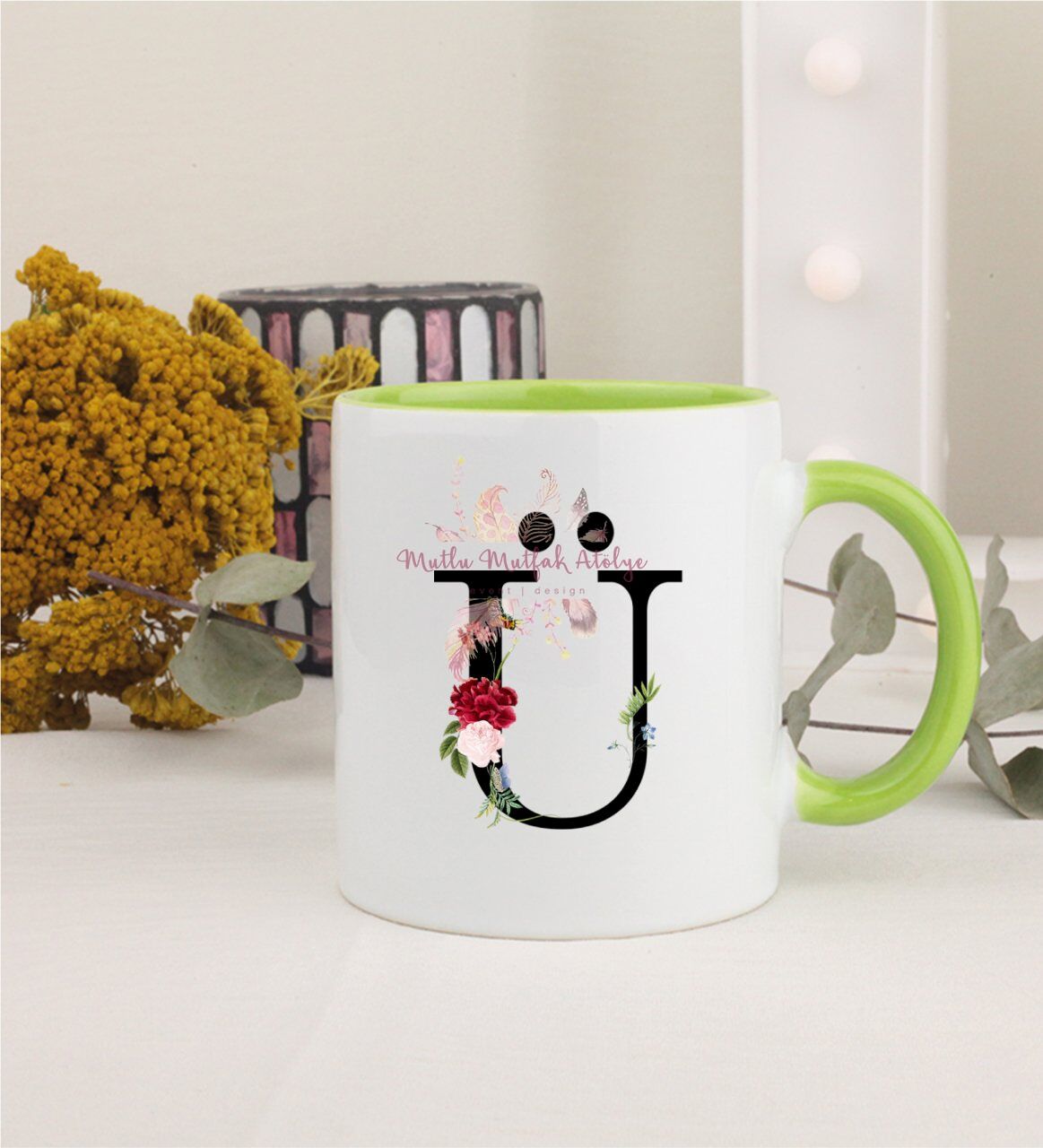 Ü Harfi Çiçek Desenli Yeşil Kupa Bardak