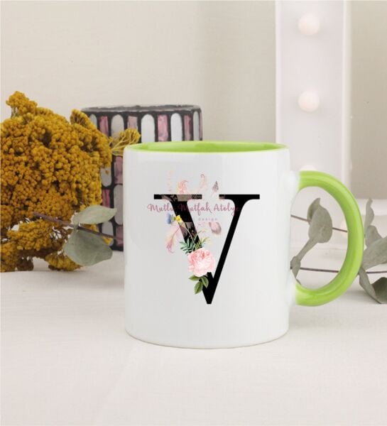 V Harfi Çiçek Desenli Yeşil Kupa Bardak