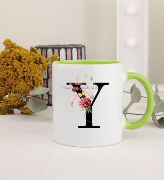 Y Harfi Çiçek Desenli Yeşil Kupa Bardak