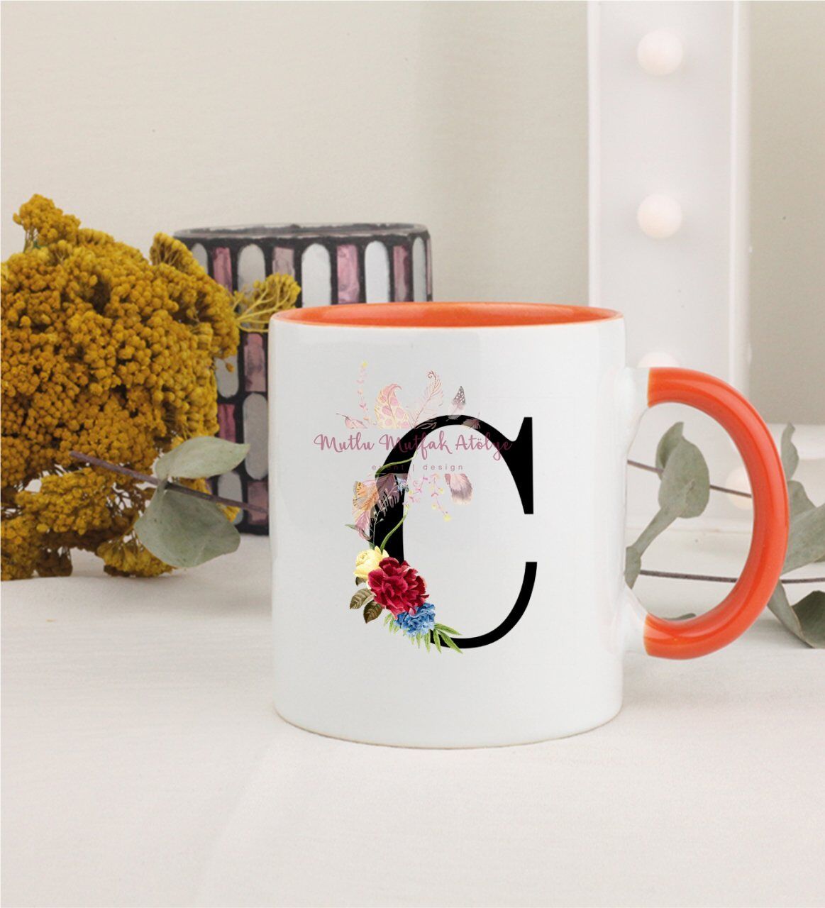 C Harfi Çiçek DesenliTuruncu Kupa Bardak