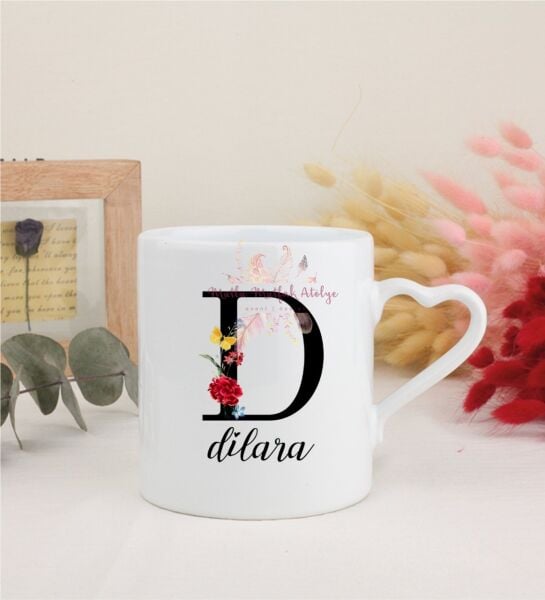 Kişiye Özel Harfli ve İsimli Beyaz Kalpli Kupa Bardak