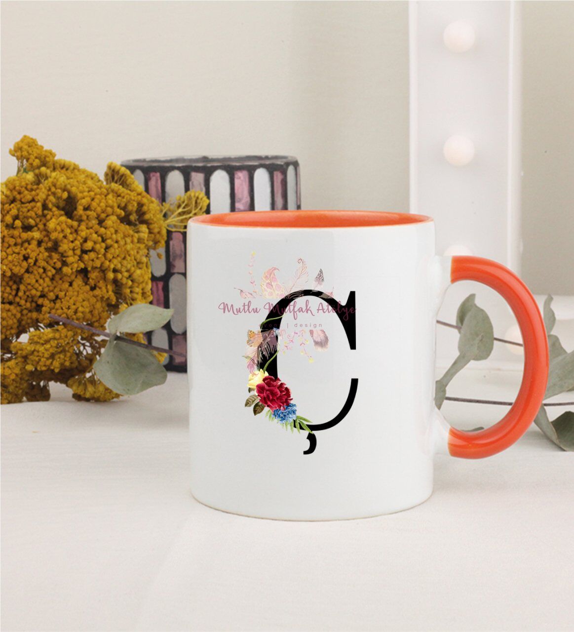 Ç Harfi Çiçek Desenli Turuncu Kupa Bardak