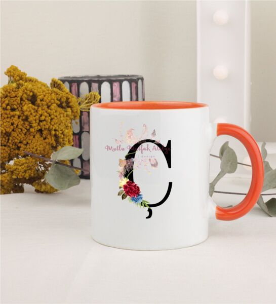 Ç Harfi Çiçek Desenli Turuncu Kupa Bardak