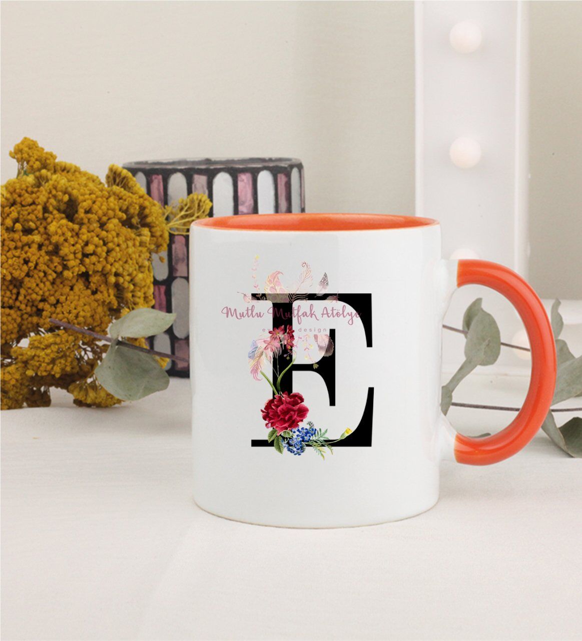 E Harfi Çiçek Desenli Turuncu Kupa Bardak