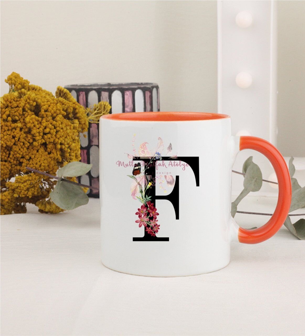 F Harfi Çiçek Desenli Turuncu Kupa Bardak