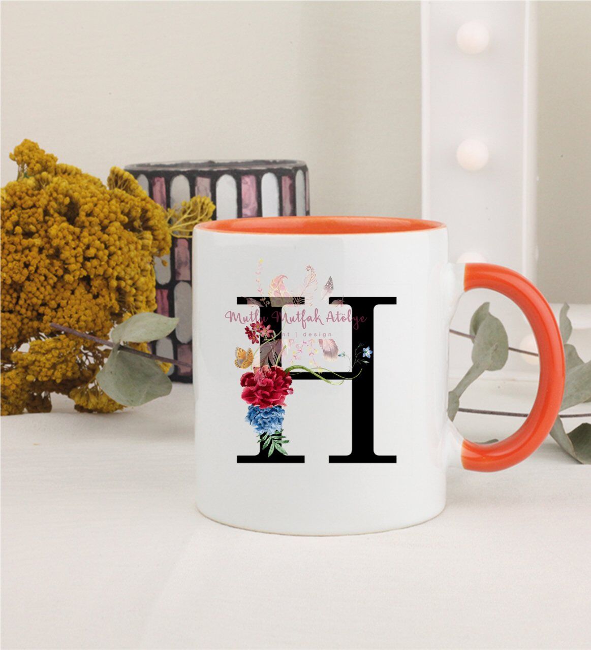 H Harfi Çiçek Desenli Turuncu Kupa Bardak
