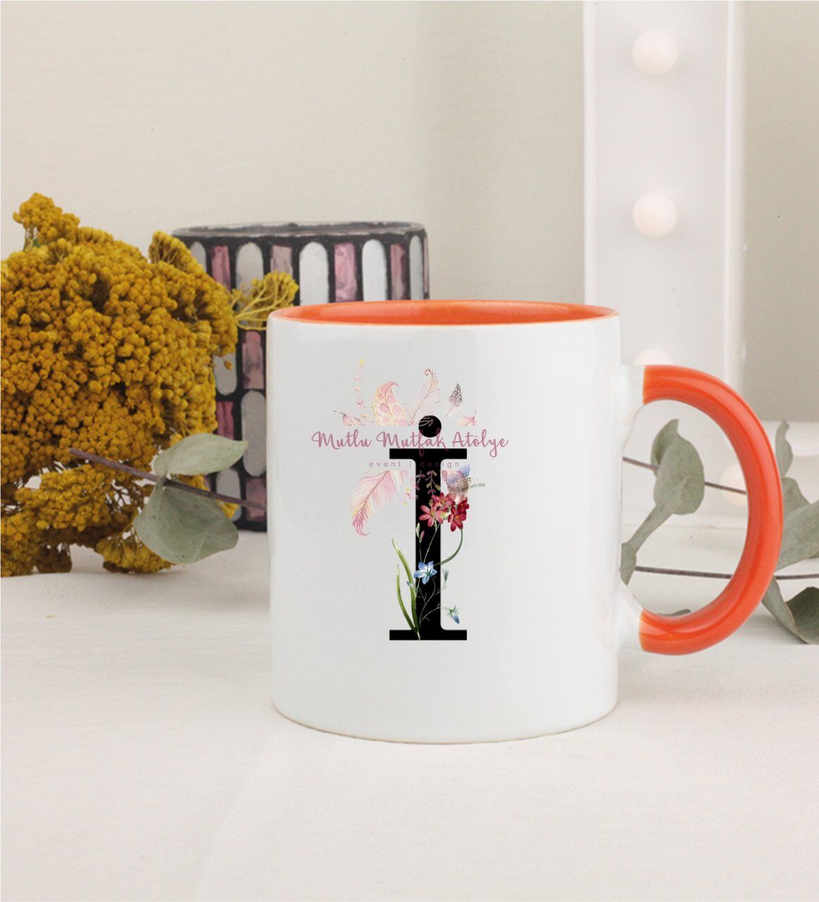 İ Harfi Çiçek Desenli Turuncu Kupa Bardak