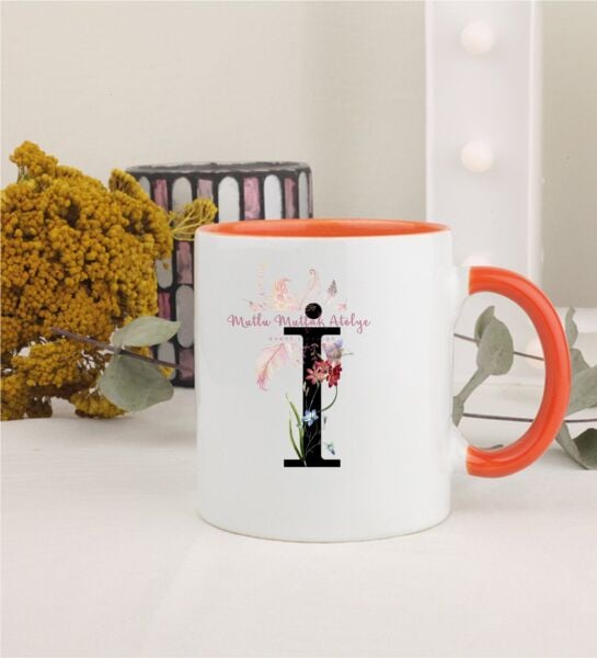 İ Harfi Çiçek Desenli Turuncu Kupa Bardak