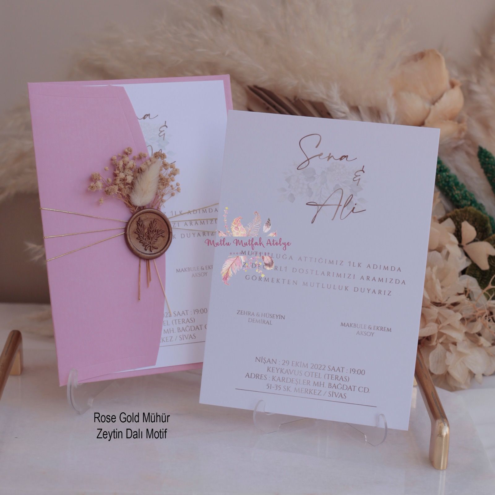 Çiçek Süslemeli Mühürlü Davetiye (50 Ad.)