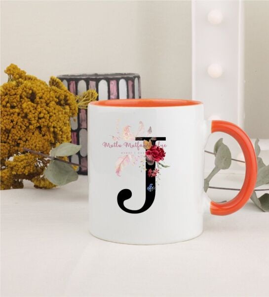 J Harfi Çiçek Desenli Turuncu Kupa Bardak