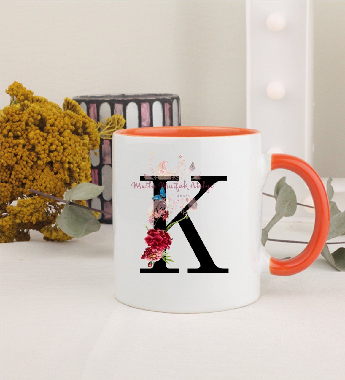 K Harfi Çiçek Desenli Turuncu Kupa Bardak