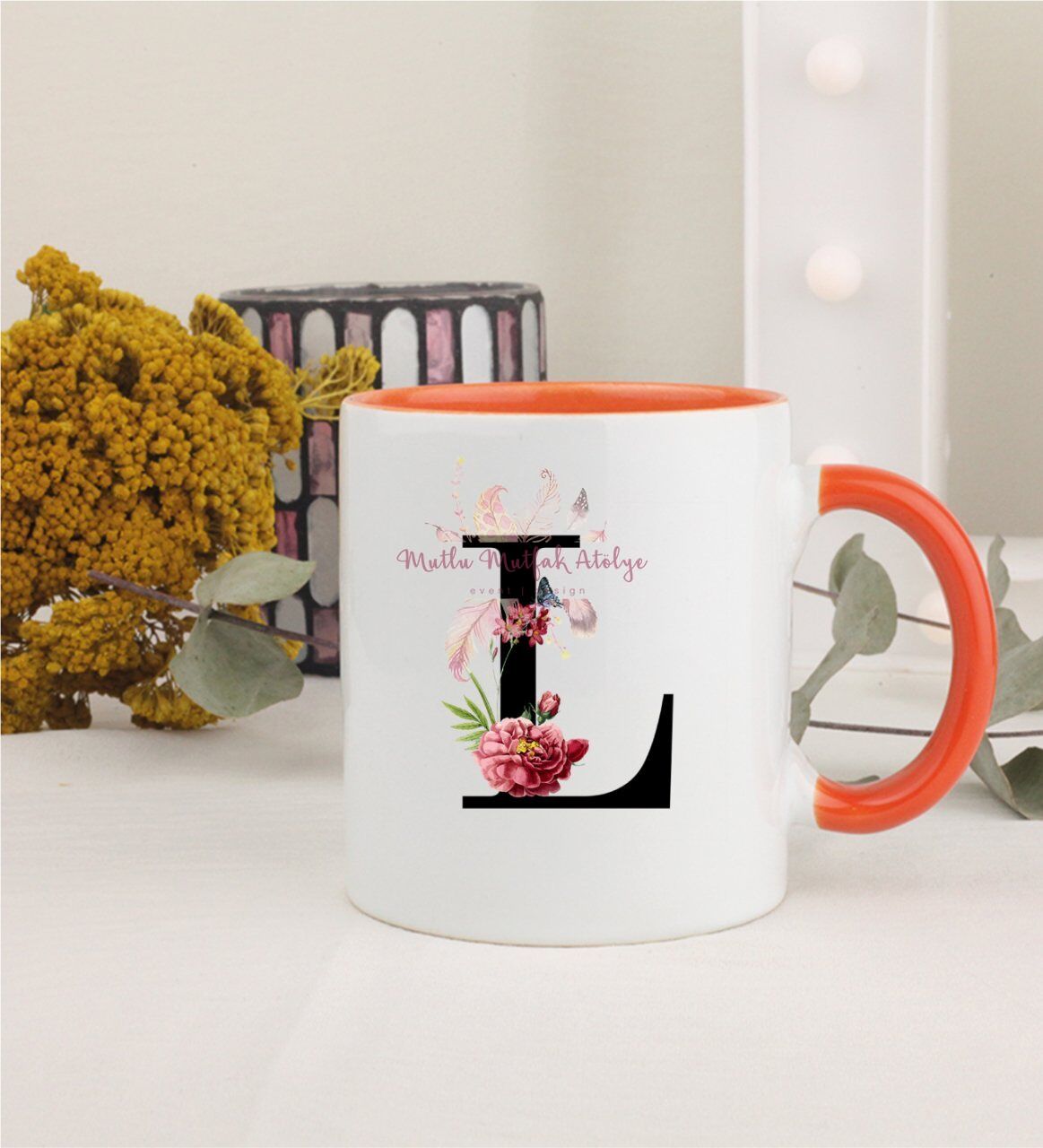 L Harfi Çiçek Desenli Turuncu Kupa Bardak