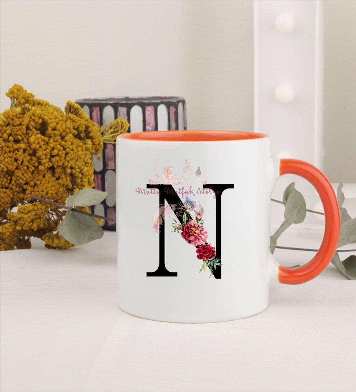 N Harfi Çiçek Desenli Turuncu Kupa Bardak