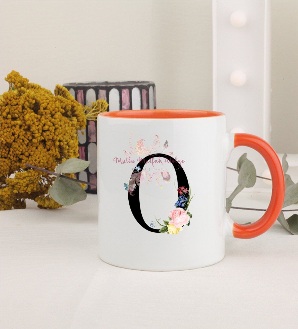 O Harfi Çiçek Desenli Turuncu Kupa Bardak