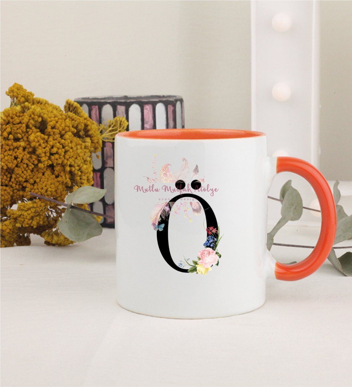 Ö Harfi Çiçek Desenli Turuncu Kupa Bardak