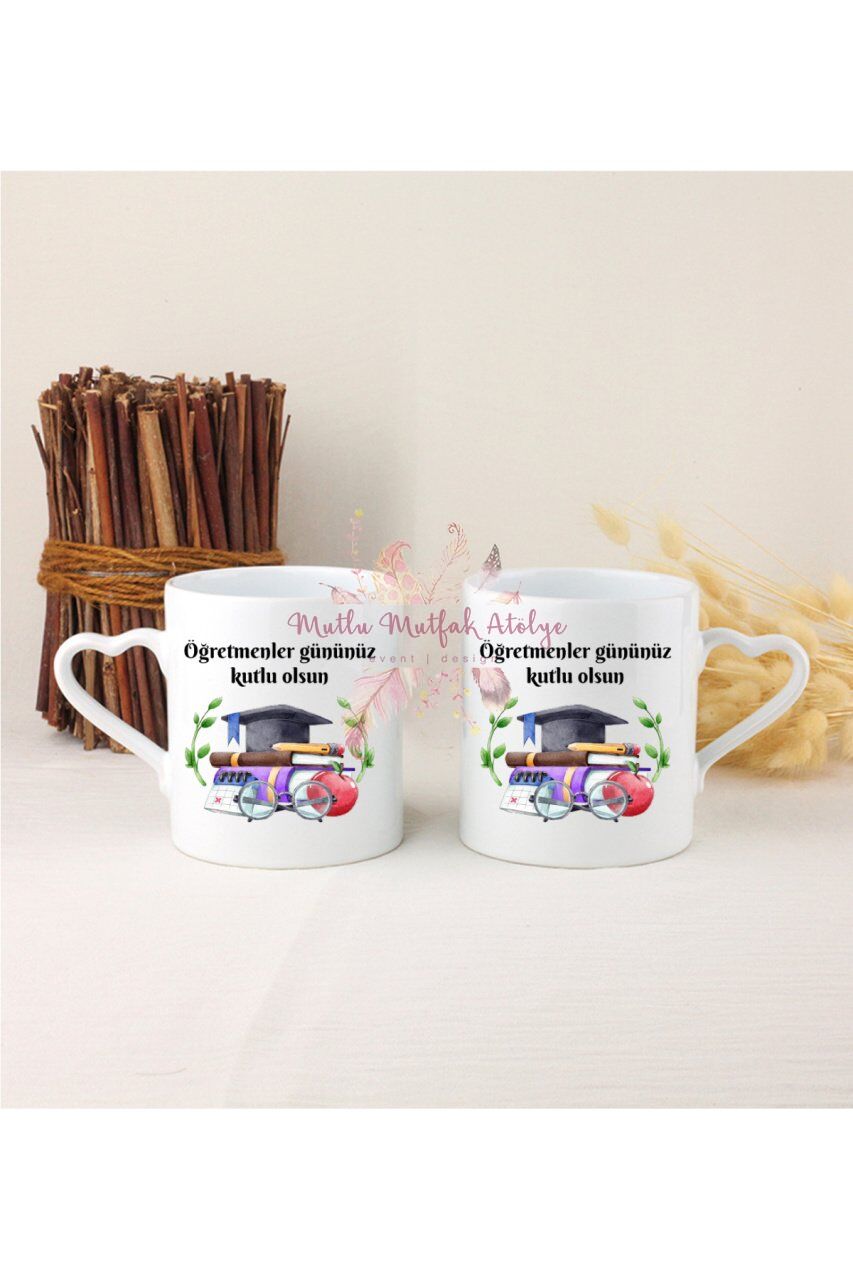 Öğretmenler Günü Hediyesi İkili Beyaz Kalpli Kupa Bardak