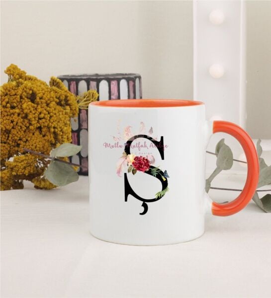 Ş Harfi Çiçek Desenli Turuncu Kupa Bardak