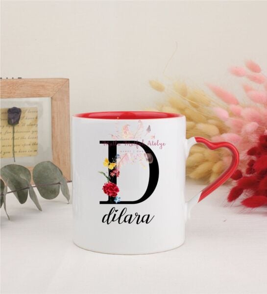 Kişiye Özel Harfli ve İsimli Kırmızı Kalpli Kupa Bardak