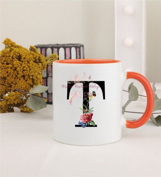 T Harfi Çiçek Desenli Turuncu Kupa Bardak