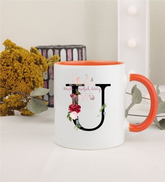 U Harfi Çiçek Desenli Turuncu Kupa Bardak