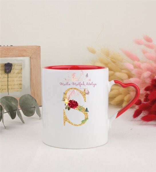 Gold Harfli Kırmızı Kalpli Kupa Bardak