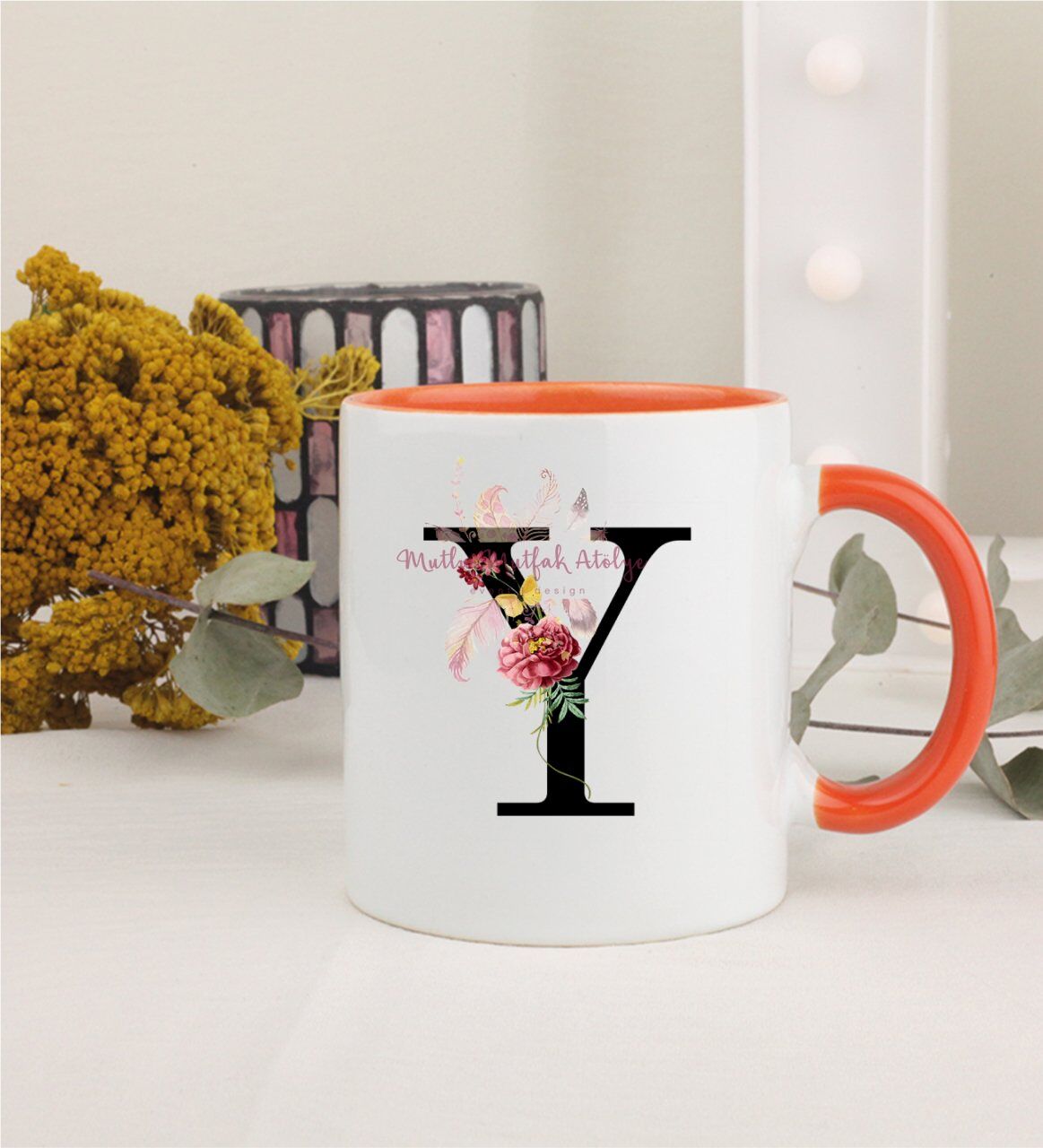 Y Harfi Çiçek Desenli Turuncu Kupa Bardak