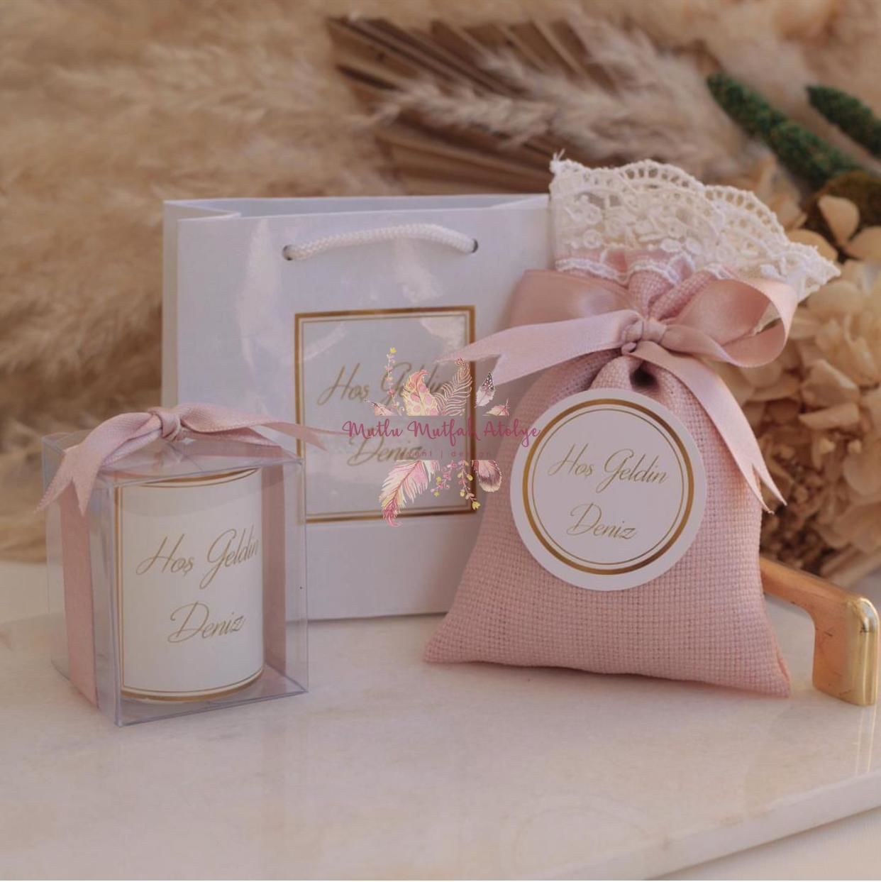 Hediyelik Kokulu Mum  Karton Çanta Seti ve Lavanta Kesesi