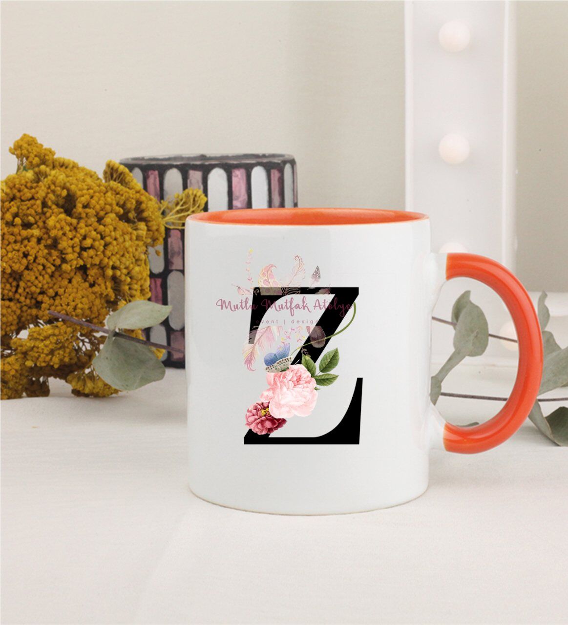 Z Harfi Çiçek Desenli Turuncu Kupa Bardak