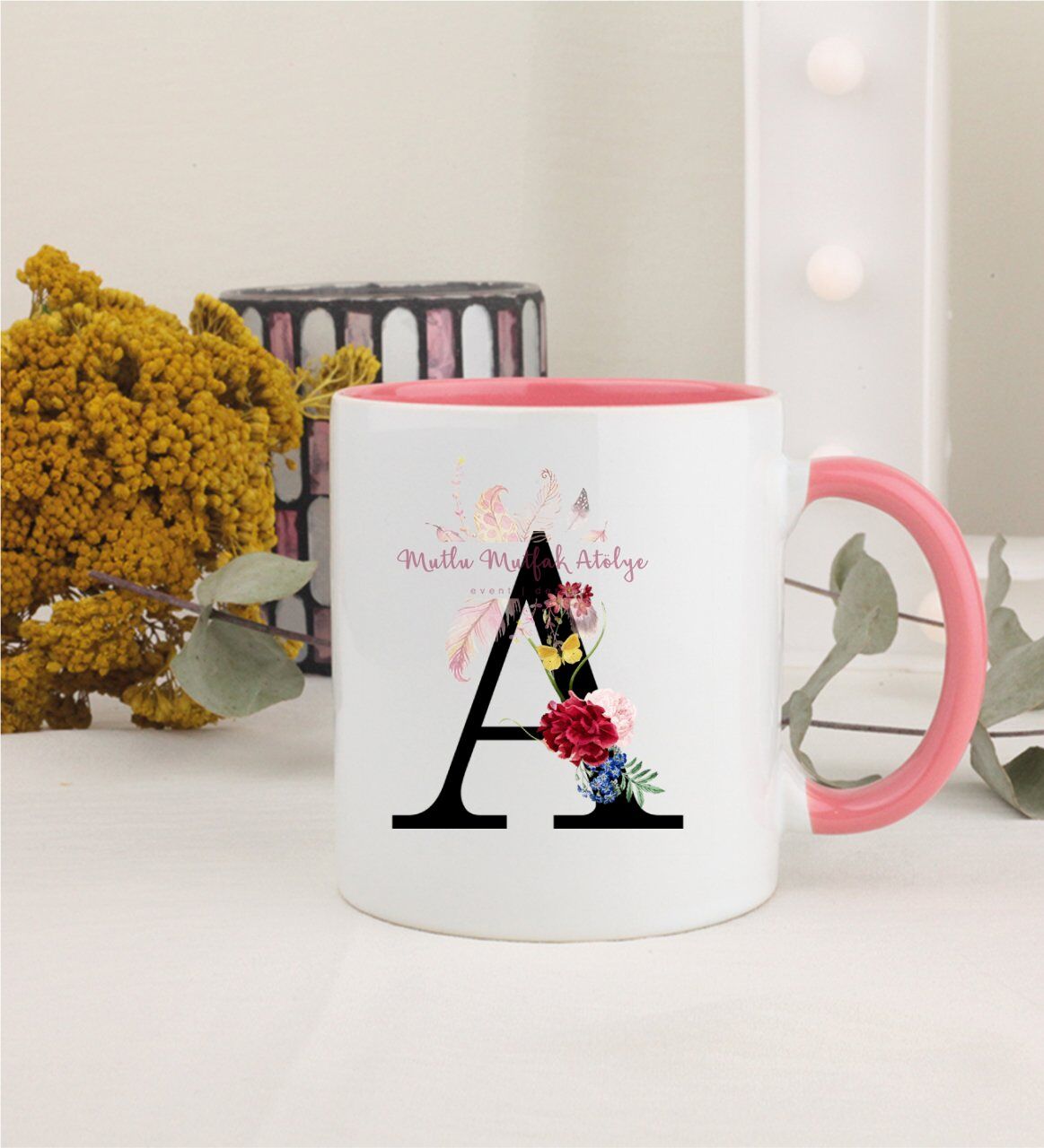 A Harfi Çiçek DesenliPembe Kupa Bardak