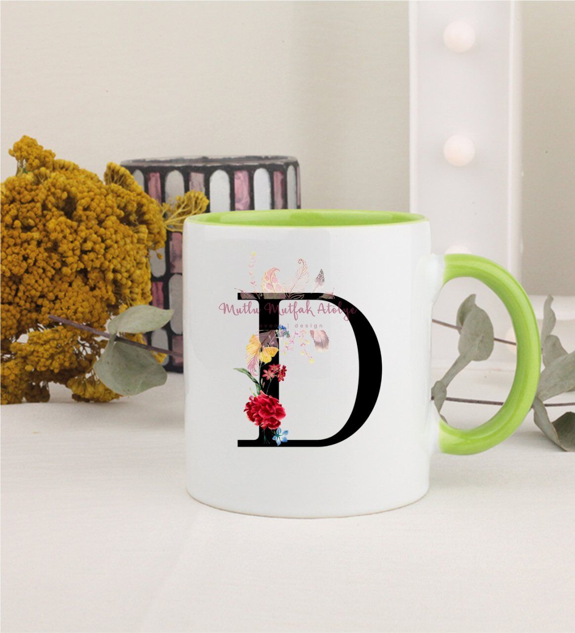 D Harfi Çiçek Desenli Yeşil Kupa Bardak